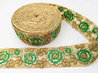 Green and Gold Floral Embroidery Trimming, Embroidered Roses Flowers Trim, Sheer Fabric Lace